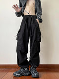 FOESCE Black samurai men's pants oversize pants high street fashion plush knickerbockers American straight charging overalls