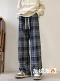 FOESCE Autumn street retro checkered straight leg pants for men and women, American loose simple casual hip-hop trendy wide leg pants