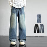FOESCE Autumn Jeans Men'S Retro Loose Curved Pants Fashion Mid Waist Pants Black Jeans Casual Straight Leg Pants Wide Leg FleecePants