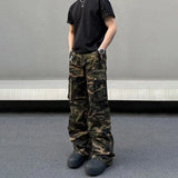 FOESCE Mens Denim Trousers Vintage American Retro High Street Camouflage Functional Design Straight Durable Versatile Trousers Summer