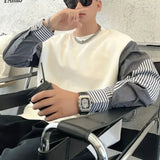 FOESCE Spring and Autumn 2025 Boyfriend New Patchwork Pullover O-Neck Striped Fashion Loose Minimalist Casual Long Sleeved Sweatshirts