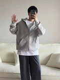 Heavy Weight Solid Double Zipper Hooded Sweatshirt Simple Versatile Men's Autumn Winter New Casual Loose Multiple Pockets Hoodie