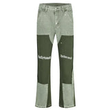 FOESCE European and American high street men's washed jeans retro personalized straight-leg splicing flared pants trendy denim trousers