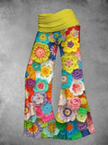 FOESCE Elegant Women's Loose High Waist Flared Pants Fashionable Colorful Floral Pattern Bohemian Style Digital Flower Print Trousers