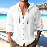 FOESCE Summer Men's Linen Shirt Solid Streetwear Long Sleeve Hoodie Cardigan Clothing For Men Button Tops Casual Loose Men Hooded Shirt
