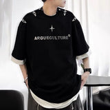 FOESCE Mens Summer Short Sleeve T-shirt Metal Buckle Design Streetwear Korean Trendy Casual Loose Top Tees Personality Letter Pullover