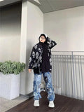FOESCE Winter women's retro Y2K skeleton jacquard knitted sweater street wear single breasted long sleeved loose cardigan sweater
