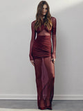 FOESCE Articat Elegant Mesh Patchwork Long Sleeve Bodycon Party Club Evening Dress Sexy Double Layer Perspective Vestido Autum Clothing