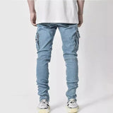 FOESCE Men Street Elastic Denim Jeans Wash Solid Color Multi Pockets Cargo Pants Casual Slim Fit Daily Wear Joggers Mid Waist Trousers