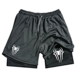 FOESCE Y2K Performance Shorts Men Spider Printed GYM Casual Sports Compression Shorts Workout Running Mesh 2 In 1 Sport Short Pants