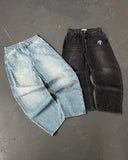 Foesce 6 Streetwear Jeans Y2K mens Pants Harajuku Hip Hop Letter Embroidery Vintage Blue Baggy Jeans High Waist Wide Leg Trouser