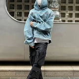 FOESCE Mens Autumn Winter Fashion Denim Washed Distressed Retro Hoodie Genderless Street Fashion Casual Loose Denim Sweatshirt Unisex
