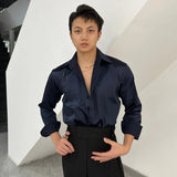 FOESCE Satin Latin Dance Shirts For Men Long Sleeves Practice Dance Clothes White/Black/Navy/Brown/Green Ballroom Dance Tops DNV17466