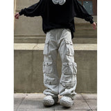 FOESCE Street Popular White Multi-pocket Overalls Men's Harajuku Style Loose Casual Trousers Straight Mopping Pants Autumn New 2025