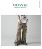 FOESCE 2025 Old and Worn Hole Jeans, High Street, Wasteland Style, Small Crowd Vibe, Beggar, Floor Sweeping Long Pants, blusa masculina