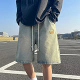 FOESCE Men Basic Loose Outdoor Sports Casual Shorts Male Daily Knee Lenght Denim Short Pants Straight Wide Leg Wash Summer Short Jeans