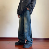 FOESCE Destroyed Stitching Jeans Men's Blue Washed Jeans Gothic Style Street Trend Clothing Retro Loose Wide Leg Pants straight jeans