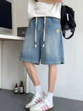 FOESCE Summer New Casual Wide Denim Shorts Men's Baggy Fashion Elastic Waist Drawstring Straight Short Jeans StreetWear men clothing
