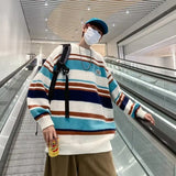 FOESCE Literature and Art Men's Loose Stripe Round Neck Knitwear Men's Autumn Oversize Lazy Sweater men coat winter clothes sweter