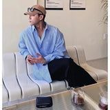 FOESCE Men's Blue Vertical Striped Long-Sleeved Shirt, Korean Style High Quality Casual  Shirt Coat， Travel ，Hiking