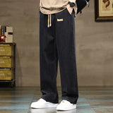 FOESCE Men Straight Leg Blue Gray Loose Y2K Drawstring Jeans Streetwear Casual Wide Denim Pants Male Baggy Stylish Harajuku Trousers