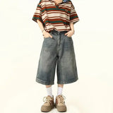American Stylewashing Denim Shorts For Men Women Loose Fit Casual Summer Trousers Wide Leg Distressed Patchwork Jeans