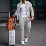 FOESCE 2025 new spring and autumn men stand collar solid color baseball casual Waffle full pants two men's suit men's wear