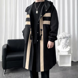FOESCE New Trench coat Men's Windbreaker Patchwork Color Medium Long Trenchcoat Korean Fashion Covered Button Male Hooded Trench Jacket