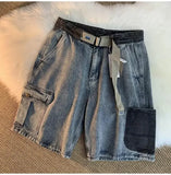 Japanese Vintage Loose-fit Denim Shorts For Men Women Summer Trendy Street Style Casual Functional Multi-pocket Cargo Pants