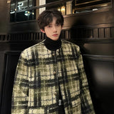 FOESCE Men's Tweed Plaid Blazers Cardigan Autumn Winter Trend Collarless Short Jacket Fashion Green Korean Style Chic Elgance Coat