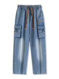 FOESCE 2025 Autumn New Men's Cargo Jeans Big Size 8XL 7XL 6XL String Banding Cotton Wide Leg Denim Pants Straight Baggy Jean Trousers