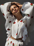 FOESCE Home Suit Women Pajamas Cotton Linen Top Skirt Set Summer Strawberry Pattern Ruffle Long Sleeve Button Blouse Mini Skirt Outfits