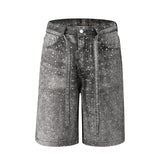 FOESCE Streetwear Full Rhinestone Print Baggy Jeans Shorts for Men Ripped Hole Washed Short Casual Loose Denim Five Point Pants