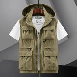 FOESCE Spring New Outdoor Hooded Fishing Vest Mens Solid Breathable Multi-Pocket High Quality Vest Coat Detachable Hat Sports Vest Male
