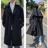 FOESCE Korean style Spring Trench Coat Male Streetwear Windbreaker Trenchcoat Men Solid Business Casual Loose Long Overcoat