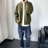 FOESCE Man Clothes Round Collar Plain Knitted Sweaters for Men Crewneck Solid Color Cardigan Green Black Japanese Harajuku Fashion Neck