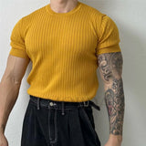 FOESCE Men Textured Stretch Training Knitted Short-Sleeved T-Shirt 2025 New Daily Sports Fitness Slim Fit Versatile Comfort Top For Men