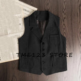 FOESCE Men's Retro Herringbone Pattern Vest Men's Suit Collar Vest Slim-fit Tweed Vest Wedding Vest Men