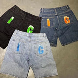 Foesce Summer original color washed flying dog print denim shorts beach trend loose fashion couple quarter pants straight casual pants