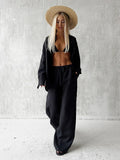 FOESCE Women Casual Brown Cotton Linen Shirt Pants Suit Fashion Single Breasted Blouses Elastic Waist Pant Set 2025 Spring Loose Outfit