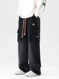 FOESCE 2025 Autumn New Men's Cargo Jeans Big Size 8XL 7XL 6XL String Banding Cotton Wide Leg Denim Pants Straight Baggy Jean Trousers
