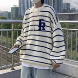 FOESCE Lazy Style Sweater for Men New Retro Japanese Striped Letter Loose Fitting Pullover Long Sleeved Top for Outerwear