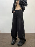 FOESCE 2025 Lace up wide leg jeans for men's autumn American hip-hop loose casual pants, trendy Instagram washed floor mop pants