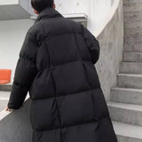 FOESCE Winter Street Long Solid Color Cotton Jacket Mens Design Warm Stand Collar Cotton Jacket Loose All-Match Knee-Length Y2k Jacket