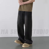 FOESCE Spring Autumn Men's New Denim Pants Old Blue Washed Casual Jeans Menwear Loose New Fashion contrasting color Wide Leg Trousers