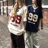 FOESCE Y2K American Retro Splicing Hip Hop Summer Goth Trend Design Couple Contrasting Color Loose Sports Top Street V Neck T Shirt