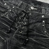 FOESCE Y2K Washed Jeans Gothic Retro Micro Flared Double Waisted Lace Up Pants Men Women Streetwear High Quality Design Sense Trousers