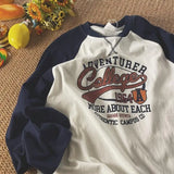 American Retro mens long T Shirt Raglan Shoulder Contrast Printing  unisex style  Contrast loose top Oversize trend Hip Hop Y2K