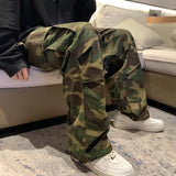 Foesce Straight Men Wide Leg Pants Camouflage Jogging Trousers Drawstring Elastic Waist Wide Male Casual Pants Vintage Cargo Pants