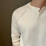 FOESCE Korean 2025 Autumn Winter Men's New Spliced Pullover O-Neck Button Screw Thread Fashion Solid Casual Knitted Long Sleeved Tops